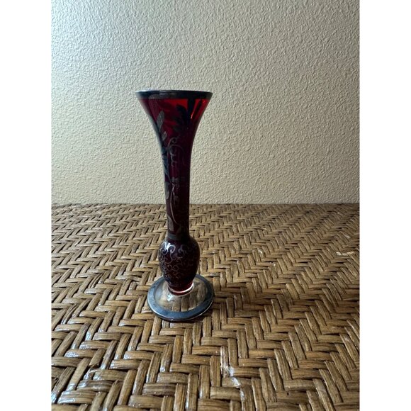 Vintage Bohemian Ruby Red Glass Vase Silver Overlay Floral Design Clear Base - Picture 4 of 9